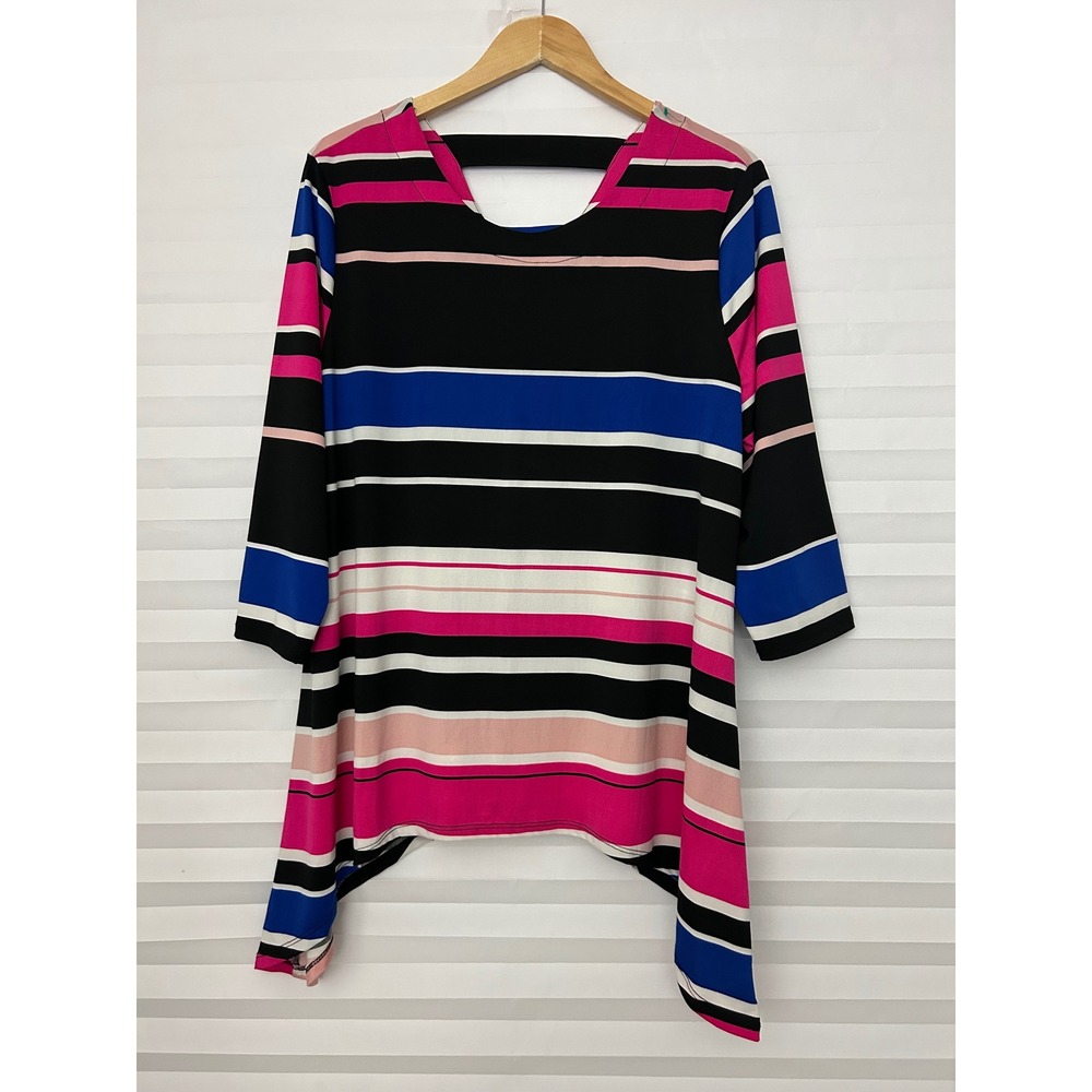 Cocomo Womens XL Pink Blue Striped 3/4 Sleeve Sharkbite Hem Tunic Top V-Back